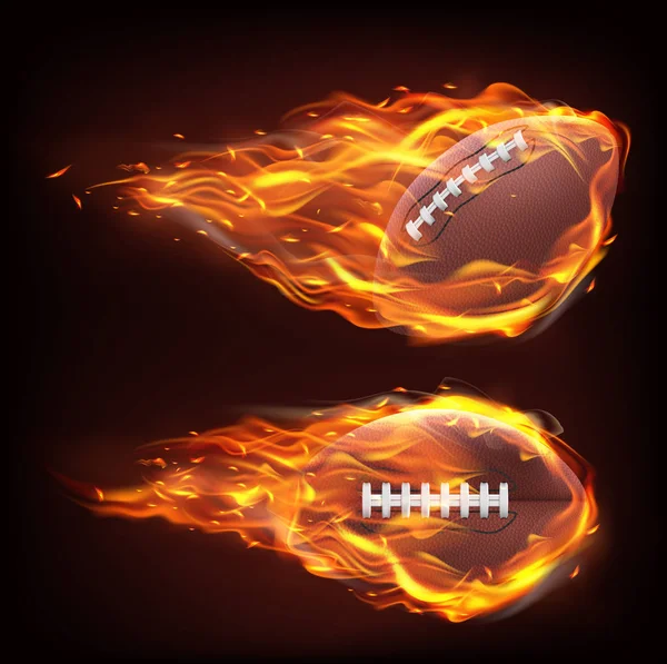 Volar pelota de rugby en el fuego — Vector de stock