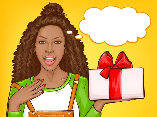 Afrika Amerika wanita dengan giftbox - Stok Vektor