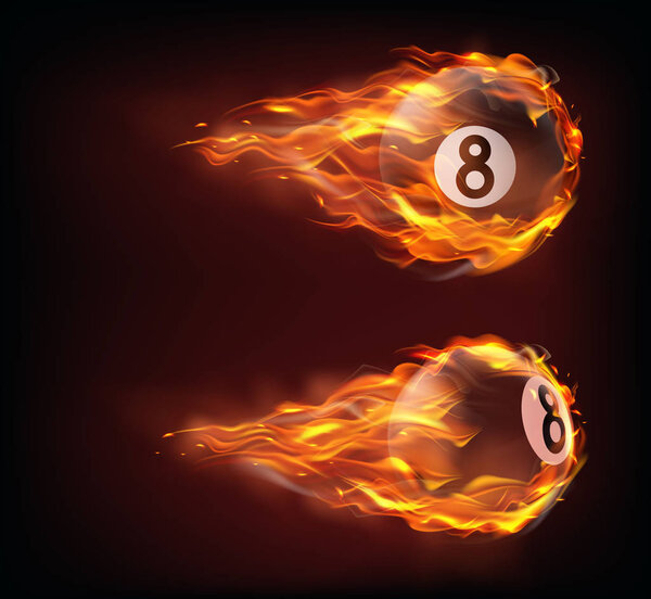 Flying black billiard eight ball in fire