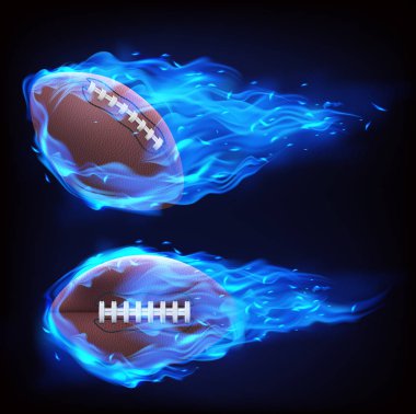 Flying rugby ball in blue fire clipart