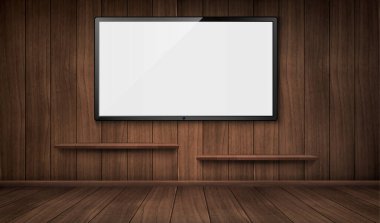 Televizyon ekranı ve kitaplığı olan boş ahşap oda