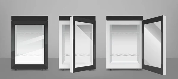 Czarna mini lodówka z przezroczystymi szklanymi drzwiami — Wektor stockowy