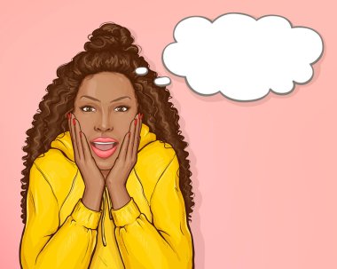 Şaşırmış afro saçlı Afrikalı Amerikalı kadın.