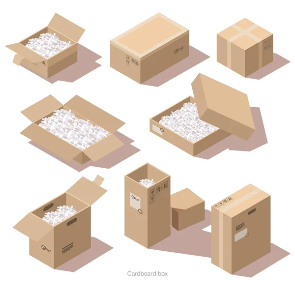 Caixas de embalagem de papelão isométrico com enchimento — Vetor de Stock