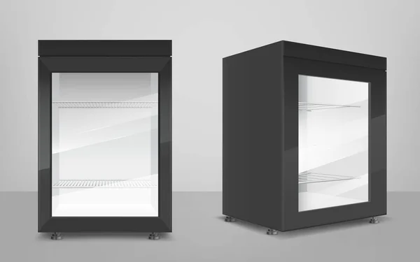 Mini refrigerador negro vacío con puerta de cristal transparente — Vector de stock