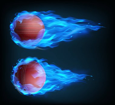 Realistic flying cricket ball in blue fire clipart
