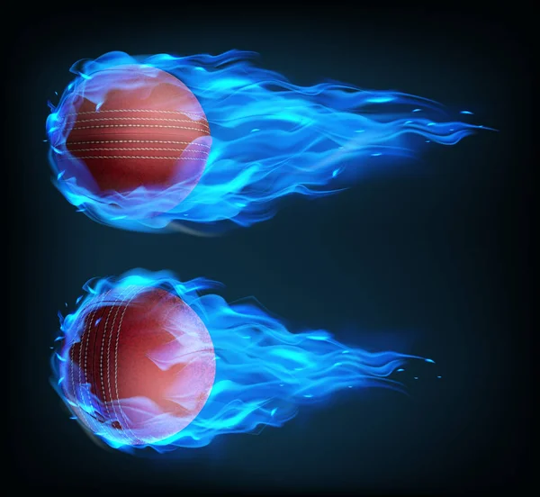 Pelota de cricket voladora realista en fuego azul — Archivo Imágenes Vectoriales