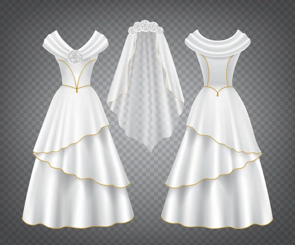 Vestido de mujer de boda blanco con velo de tul — Vector de stock
