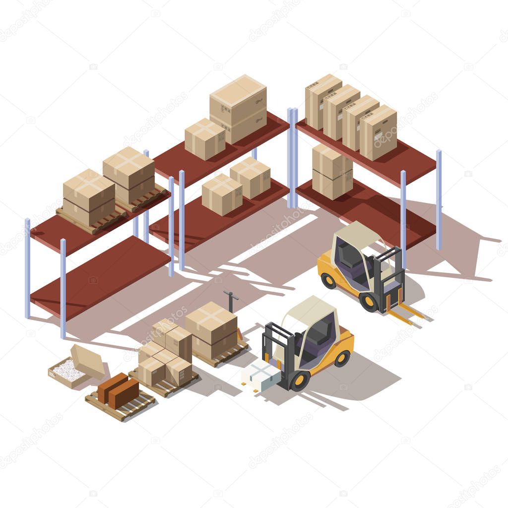 Isometric interior of warehouse with forklift
