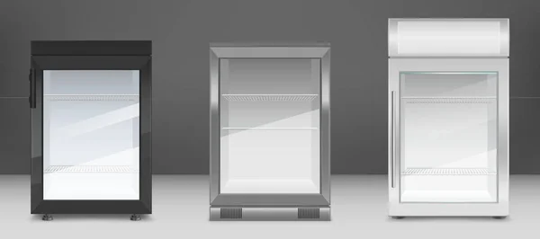 Mini frigoríficos vazios com porta de vidro transparente — Vetor de Stock