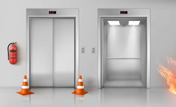 Api di lorong, pintu lift dan alat pemadam - Stok Vektor