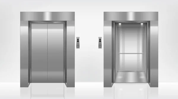 Open and closed elevator doors in office hallway — 스톡 벡터