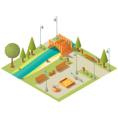 Şehir parkının çocuk parkıyla Isometric manzarası