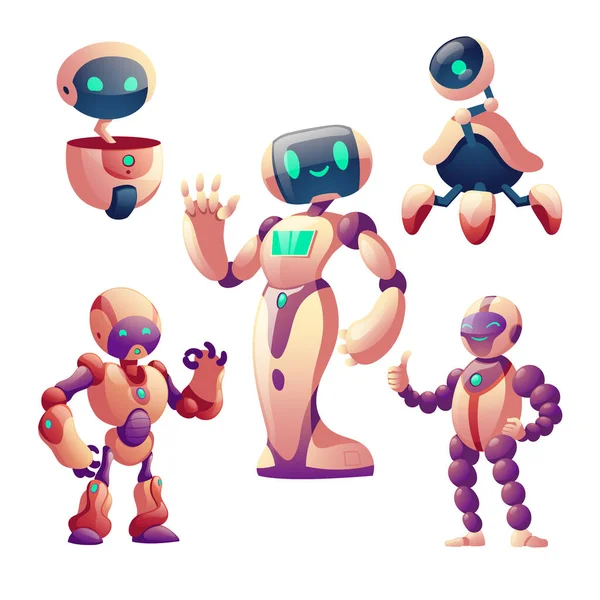Robots set. Humanoid cyborgs met gezicht, lichaam, armen — Stockvector