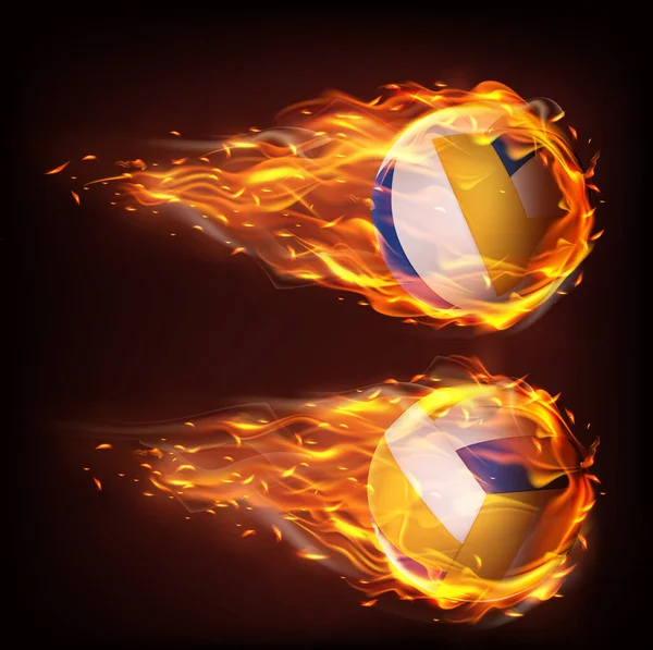 Volleyball balls flying in fire, falling in flame
