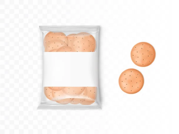 Paquete plástico transparente con galletas redondas — Vector de stock