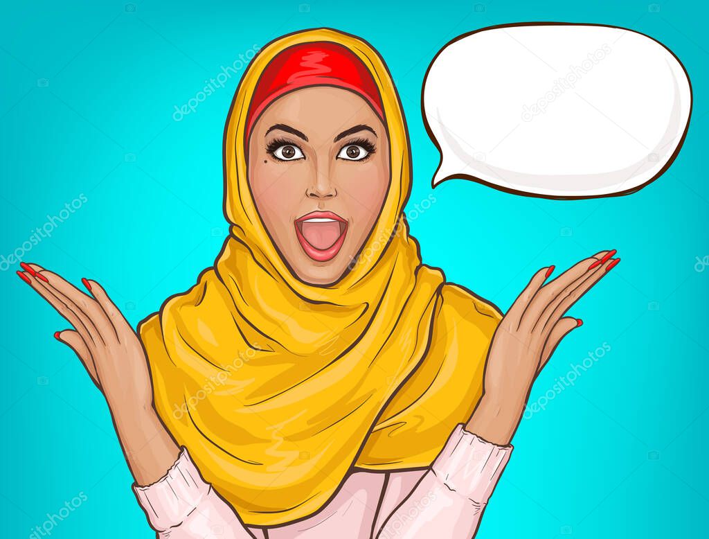 Arabic woman in hijab shocked