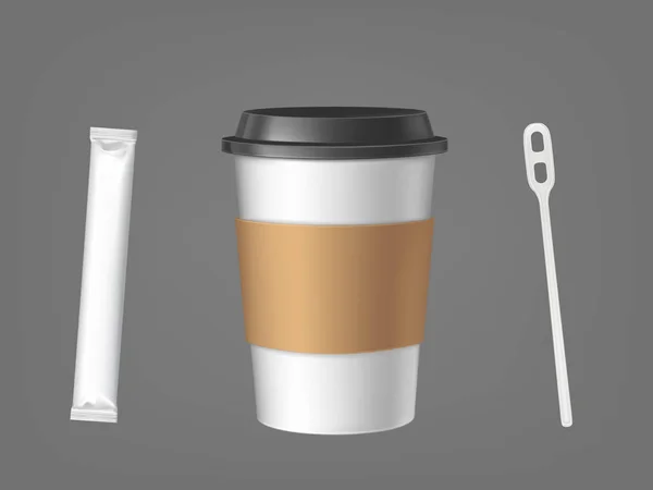 Einweg-Kaffeetasse mit Stick und Zucker-Set — Stockvektor
