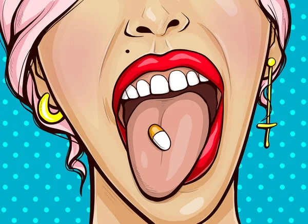 Pillola sulla lingua, faccia da donna con primo piano a bocca aperta — Vettoriale Stock