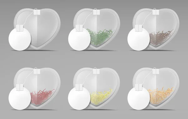 Sacs à thé coeur avec des étiquettes rondes vierges — Image vectorielle