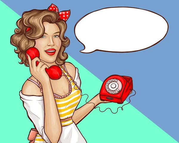 Pop kunst vrouw huisvrouw bellen retro telefoon banner — Stockvector