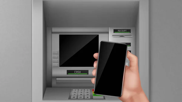 Cajero automático y smartphone en mano. Terminal de finanzas bancarias — Archivo Imágenes Vectoriales