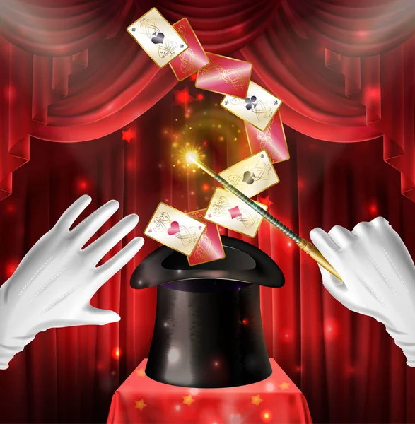 Truque show mágico com cartas voando para fora chapéu preto —  Vetores de Stock
