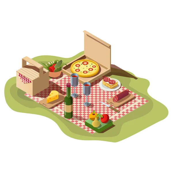 Nourriture pique-nique isométrique, boîte à pizza, vin et panier . — Image vectorielle