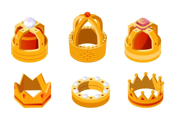 Isometric golden king or queen crown set with gems 스톡 벡터