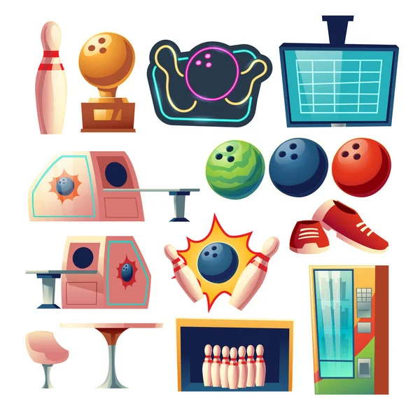 Bowling klub udstyr ikoner, design elementer sæt Royaltyfrie stock-illustrationer