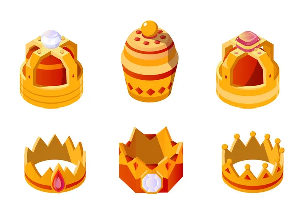 Isometric golden king or queen crown set with gems 스톡 일러스트레이션
