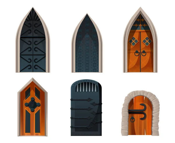 Doors set, wooden and metal medieval entries. Royalty Free Stock Vectors