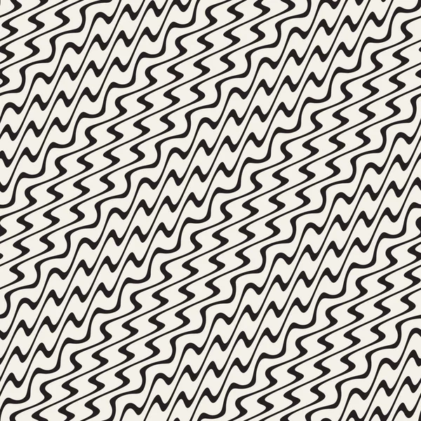 Sicksack diagonala vågiga ränder. Vector sömlös svart och vitt mönster. — Stock vektor