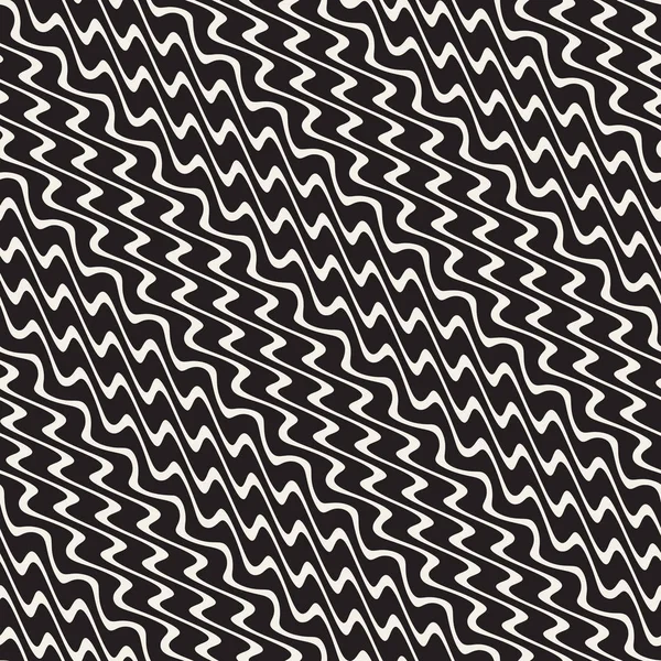 Handritad sicksack diagonala vågiga ränder. Vector sömlös svart och vitt mönster. — Stock vektor