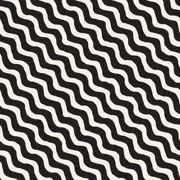 Vector sömlös svart och vit Hand dras vågformiga Diagonala ränder mönster — Stock vektor