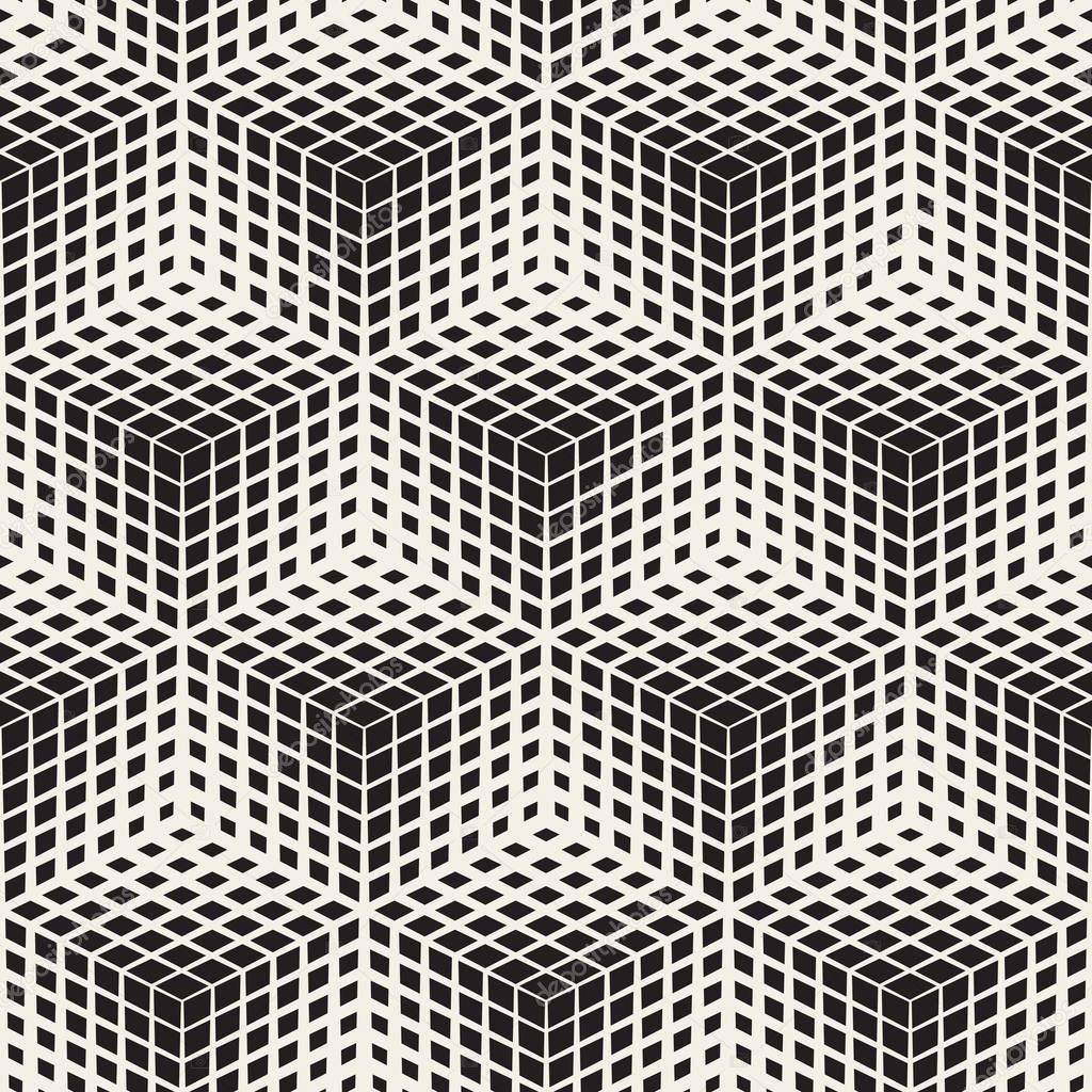 Vector Seamless Black And White Halftone Geometric Cubes Pattern