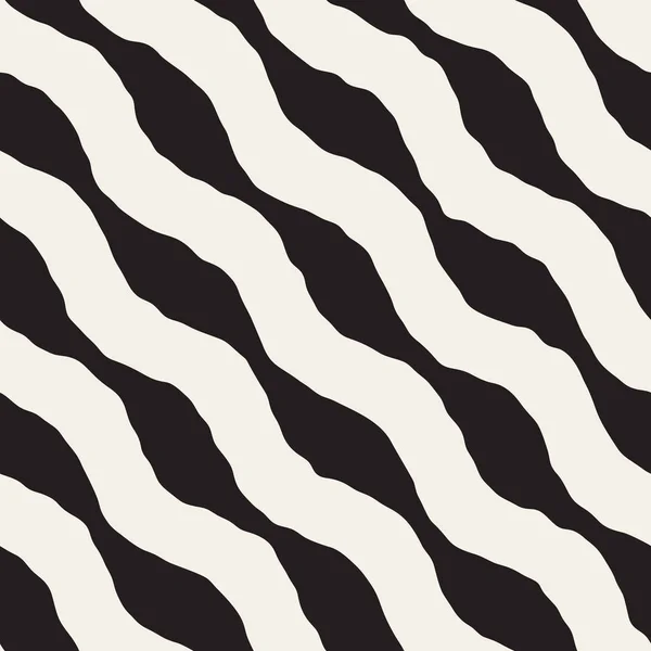 Vektor nahtlose schwarz-weiße Hand gezeichnet wellenförmige diagonale Streifen Muster — Stockvektor
