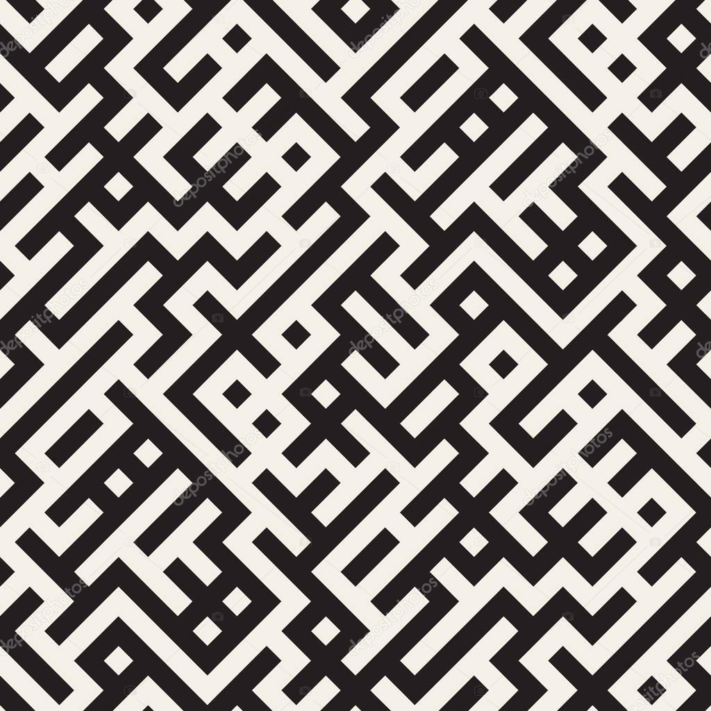 Vector Seamless Black And White Irregular Maze Grid Geometric Pattern