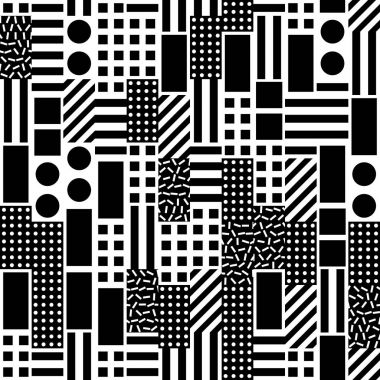 Fayans dekoratif geometrik şekiller. Tek renkli düzensiz. Soyut siyah ve beyaz arka plan. Sanatsal süs kafes