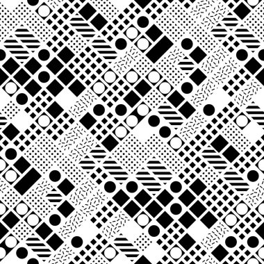 Fayans dekoratif geometrik şekiller. Tek renkli düzensiz. Soyut siyah ve beyaz arka plan. Sanatsal süs kafes