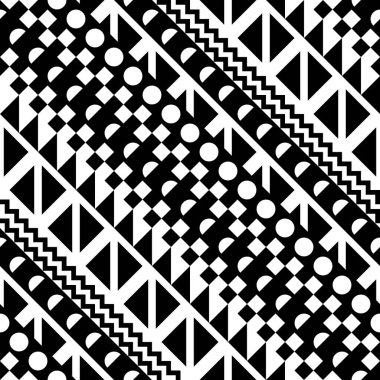 Kesintisiz geometrik desen. Etnik süs tasarım yinelenen. Zigzag ve şerit şekiller hattı. Modern siyah beyaz doku