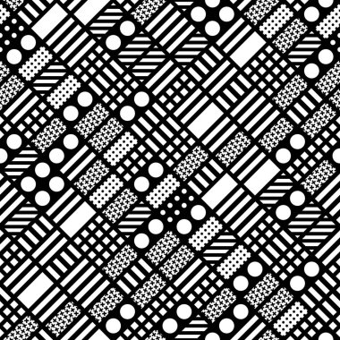 Fayans dekoratif geometrik şekiller. Tek renkli düzensiz. Soyut siyah ve beyaz arka plan. Sanatsal süs kafes