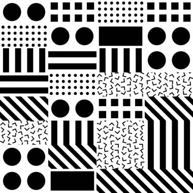 Fayans dekoratif geometrik şekiller. Tek renkli düzensiz. Soyut siyah ve beyaz arka plan. Sanatsal süs kafes