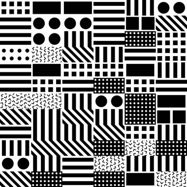 Fayans dekoratif geometrik şekiller. Tek renkli düzensiz. Soyut siyah ve beyaz arka plan. Sanatsal süs kafes