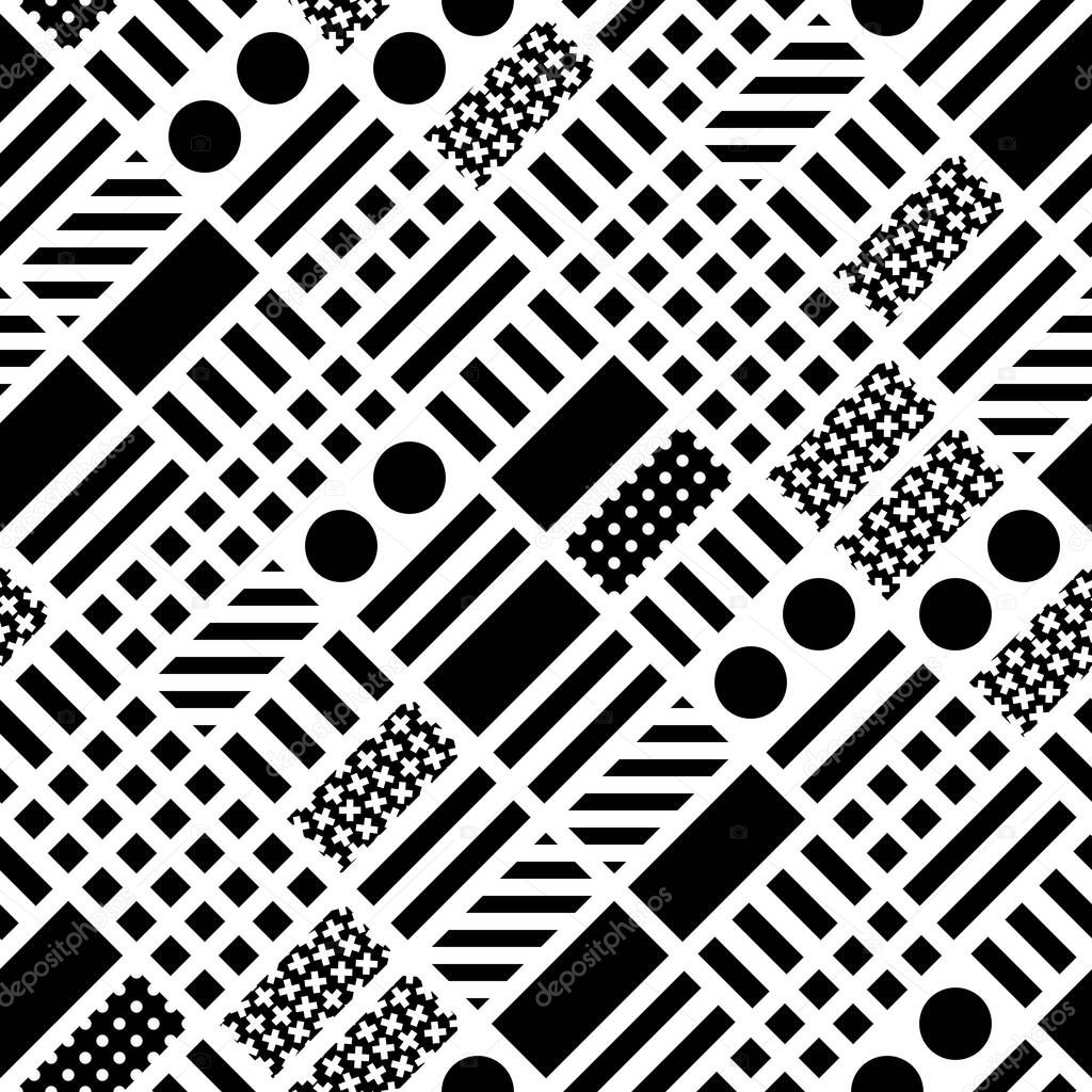 Decorative geometric shapes tiling. Monochrome irregular pattern