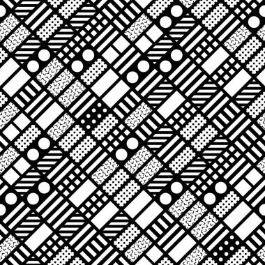 Fayans dekoratif geometrik şekiller. Tek renkli düzensiz. Soyut siyah ve beyaz arka plan. Sanatsal süs kafes