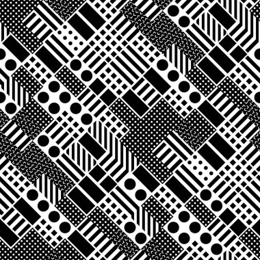 Fayans dekoratif geometrik şekiller. Tek renkli düzensiz. Soyut siyah ve beyaz arka plan. Sanatsal süs kafes