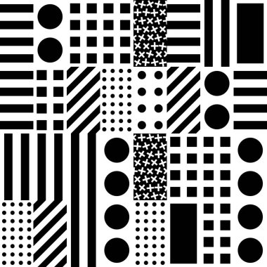 Fayans dekoratif geometrik şekiller. Tek renkli düzensiz. Soyut siyah ve beyaz arka plan. Sanatsal süs kafes