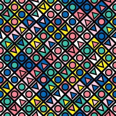 Fayans dekoratif geometrik şekiller. Çok renkli düzensiz. Renkli arka plan. Sanatsal dekoratif süs kafes