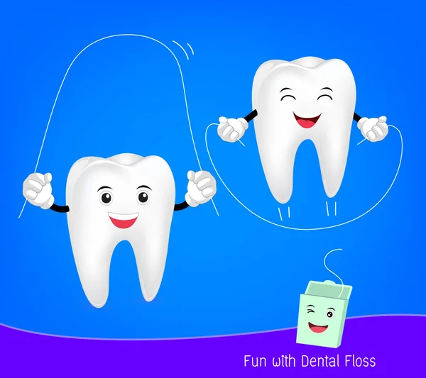 Lindos dientes de dibujos animados con hilo dental . — Vector de stock